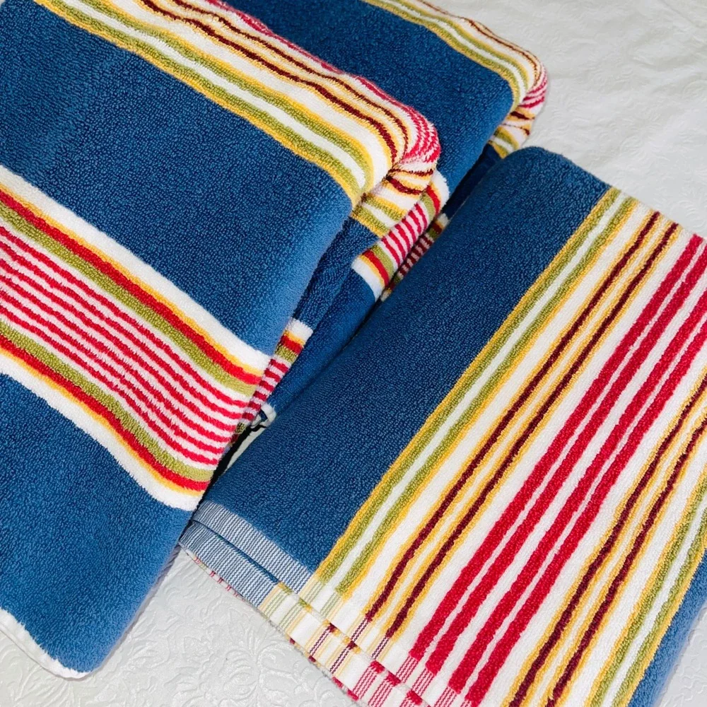 Pottery Barn Beach Towel Set of 3 28x55 Blue Red Yellow Striped 100% Cotton